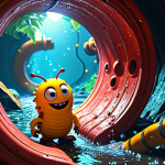 A vibrant, immersive VR scene from a first-person perspective, showcasing the beloved Red and Yellow Larva characters. They are playfully interacting within a fantastical, richly detailed sewer environment, adorned with sparkling water droplets and a prominent drainage pipe. The Yellow Larva is captured mid-slide down the pipe with a hilariously exaggerated expression, while the Red Larva reacts with amusement, creating a sense of the viewer being an active, present observer in their whimsical world. The atmosphere is filled with surprising humor and joyful engagement, perfectly conveying the feeling of stepping into an animated reality. Perfect anatomy, correct proportions, natural pose, professional quality, high-resolution, vivid colors, detailed textures, volumetric lighting, safe for work, appropriate content, fully clothed, family-friendly.