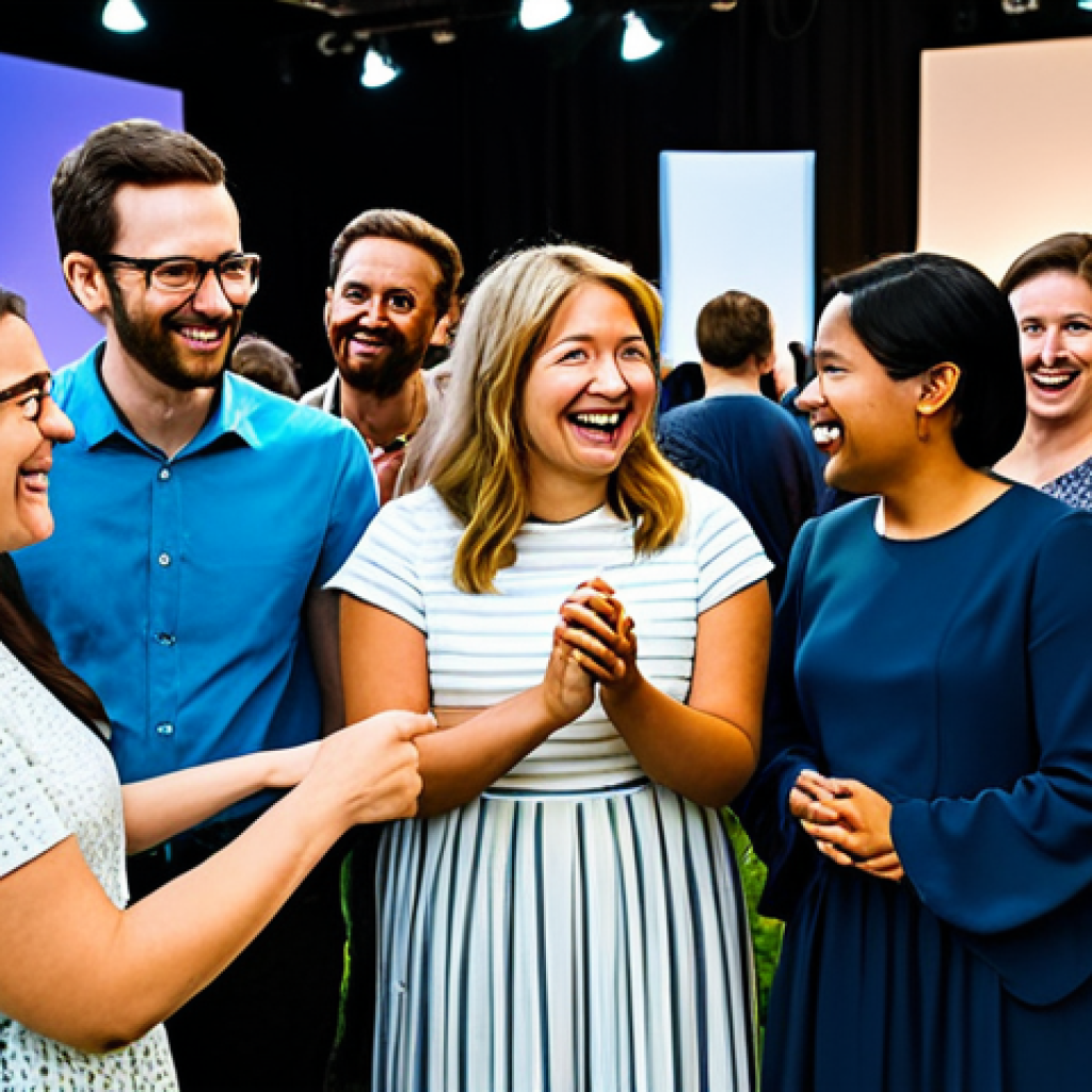 A diverse group of adults and young adults, fully clothed in modest, contemporary attire, joyfully interact at a family-friendly fan community event. They are gathered around an interactive installation that features large, whimsical interpretations of everyday objects, hinting at a playful, immersive game experience. The spacious, well-lit venue is decorated with vibrant, abstract elements. The scene conveys enthusiasm and shared excitement. Perfect anatomy, correct proportions, natural poses, well-formed hands, proper finger count, natural body proportions. This image is safe for work, appropriate content, fully clothed, modest, professional photography, high quality.