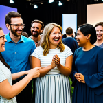 A diverse group of adults and young adults, fully clothed in modest, contemporary attire, joyfully interact at a family-friendly fan community event. They are gathered around an interactive installation that features large, whimsical interpretations of everyday objects, hinting at a playful, immersive game experience. The spacious, well-lit venue is decorated with vibrant, abstract elements. The scene conveys enthusiasm and shared excitement. Perfect anatomy, correct proportions, natural poses, well-formed hands, proper finger count, natural body proportions. This image is safe for work, appropriate content, fully clothed, modest, professional photography, high quality.
