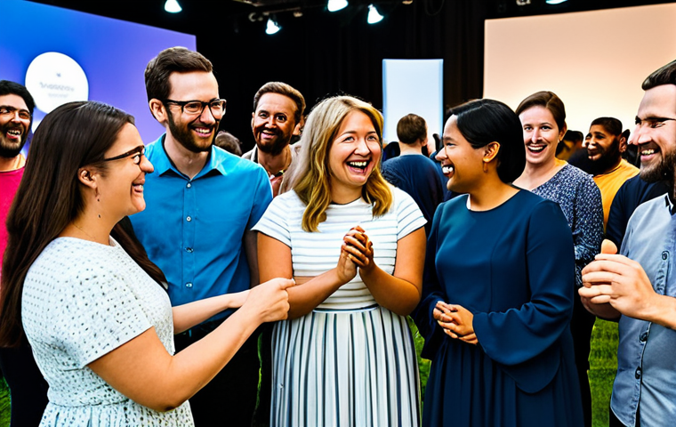 A diverse group of adults and young adults, fully clothed in modest, contemporary attire, joyfully interact at a family-friendly fan community event. They are gathered around an interactive installation that features large, whimsical interpretations of everyday objects, hinting at a playful, immersive game experience. The spacious, well-lit venue is decorated with vibrant, abstract elements. The scene conveys enthusiasm and shared excitement. Perfect anatomy, correct proportions, natural poses, well-formed hands, proper finger count, natural body proportions. This image is safe for work, appropriate content, fully clothed, modest, professional photography, high quality.
