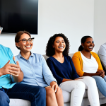 A diverse group of adults, including young professionals and parents, sitting comfortably in a modern, brightly lit living room. They are fully clothed in appropriate, modest attire, smiling and engaged, watching an animated series on a large screen. The atmosphere is relaxed and joyful, conveying the universal appeal of animation for all ages. Perfect anatomy, correct proportions, natural poses, well-formed hands, proper finger count, natural body proportions, professional photography, high quality, safe for work, appropriate content, fully clothed, family-friendly.