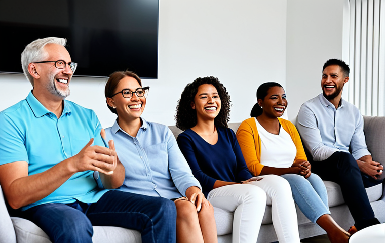 A diverse group of adults, including young professionals and parents, sitting comfortably in a modern, brightly lit living room. They are fully clothed in appropriate, modest attire, smiling and engaged, watching an animated series on a large screen. The atmosphere is relaxed and joyful, conveying the universal appeal of animation for all ages. Perfect anatomy, correct proportions, natural poses, well-formed hands, proper finger count, natural body proportions, professional photography, high quality, safe for work, appropriate content, fully clothed, family-friendly.
