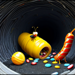 Microscopic Food Scramble**

"A chaotic scene inside a cluttered sewer pipe. Two cartoon larvae, one red and one yellow, are intensely focused on a single discarded piece of candy. Various insects and detritus surround them. The composition emphasizes the struggle and competition. Fully clothed, safe for work, appropriate content, perfect anatomy, correct proportions, well-formed hands, professional, high resolution, detailed textures, family-friendly."

**