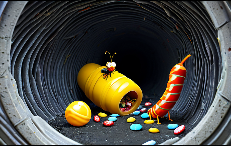 Microscopic Food Scramble**

"A chaotic scene inside a cluttered sewer pipe. Two cartoon larvae, one red and one yellow, are intensely focused on a single discarded piece of candy. Various insects and detritus surround them. The composition emphasizes the struggle and competition. Fully clothed, safe for work, appropriate content, perfect anatomy, correct proportions, well-formed hands, professional, high resolution, detailed textures, family-friendly."

**