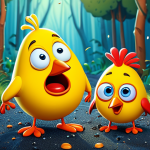 Two cartoon larva characters, Red and Yellow, encountering a comical situation involving bird droppings, set in a vibrant, natural outdoor environment. Safe for work, appropriate content, fully clothed (implied by cartoon style), family-friendly, perfect anatomy (cartoon style), correct proportions (cartoon style), professional illustration, high quality.