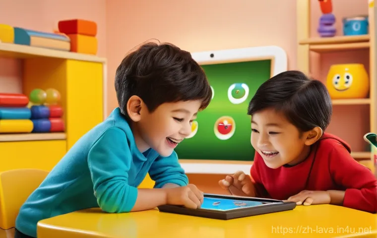 라바와 함께하는 유아용 교육 앱 - **Prompt:** A vibrant and cheerful scene featuring the Yellow Larva and Red Larva characters happily...
