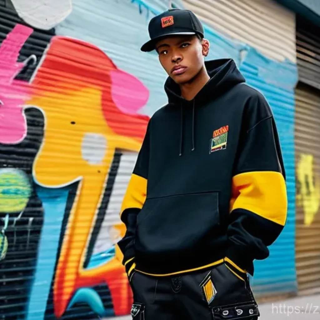 라바와 콜라보한 패션 브랜드 - **Urban Larva Streetwear Icon:** A young, fashion-forward model, fully dressed, poses confidently on...