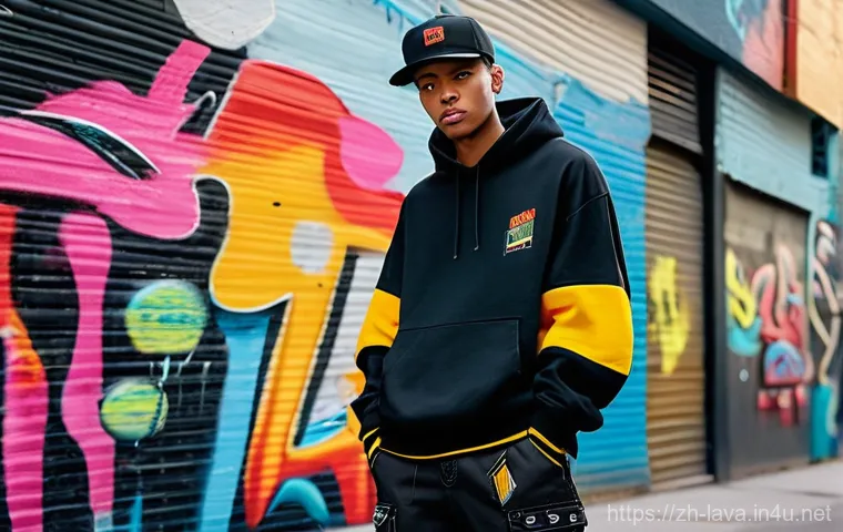 라바와 콜라보한 패션 브랜드 - **Urban Larva Streetwear Icon:** A young, fashion-forward model, fully dressed, poses confidently on...