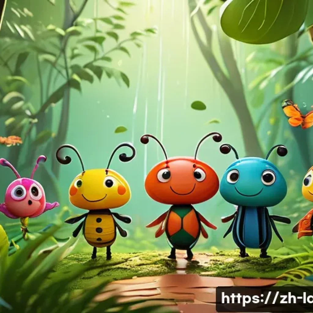 라바의 스핀오프 시리즈 - A vibrant scene featuring a diverse group of animated insect characters in a lush, colorful forest e...