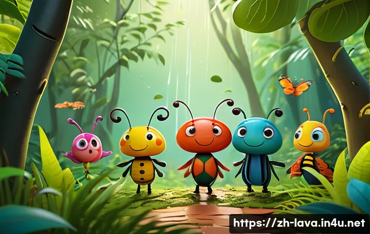 라바의 스핀오프 시리즈 - A vibrant scene featuring a diverse group of animated insect characters in a lush, colorful forest e...