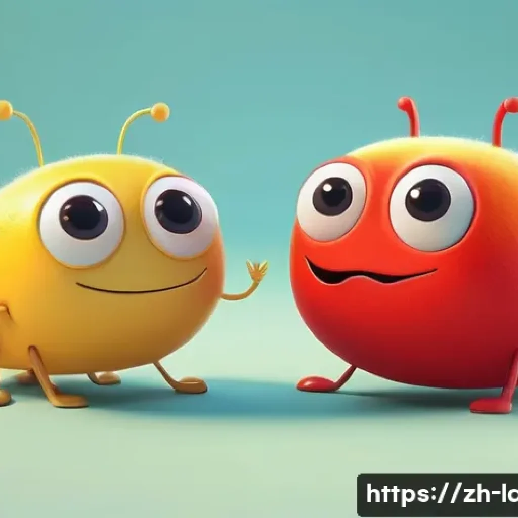 라바 에피소드의 사회적 의미 - A vibrant and minimalist animation scene featuring two small cartoon larvae with bright yellow and r...