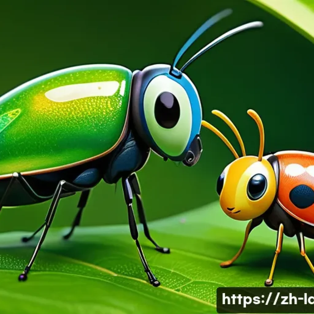 라바 캐릭터들의 상호 작용 방식 - A vibrant, detailed scene of two cute cartoon insects in a tense yet playful standoff inside a small...