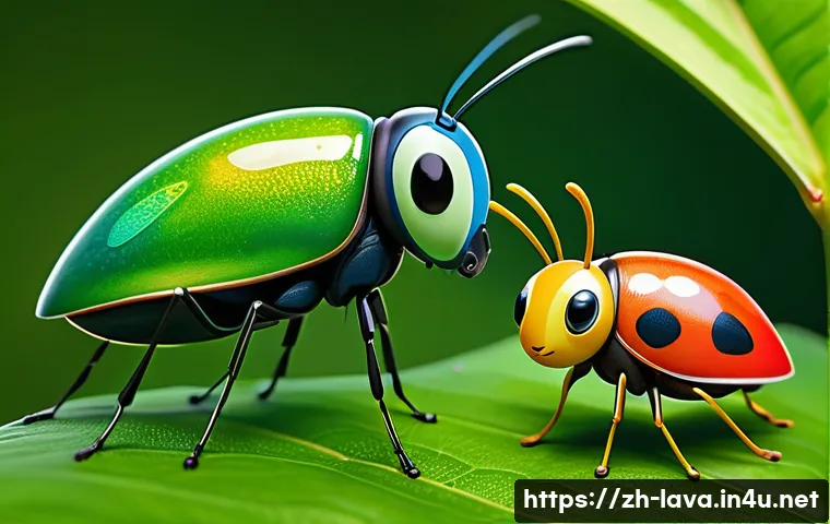라바 캐릭터들의 상호 작용 방식 - A vibrant, detailed scene of two cute cartoon insects in a tense yet playful standoff inside a small...