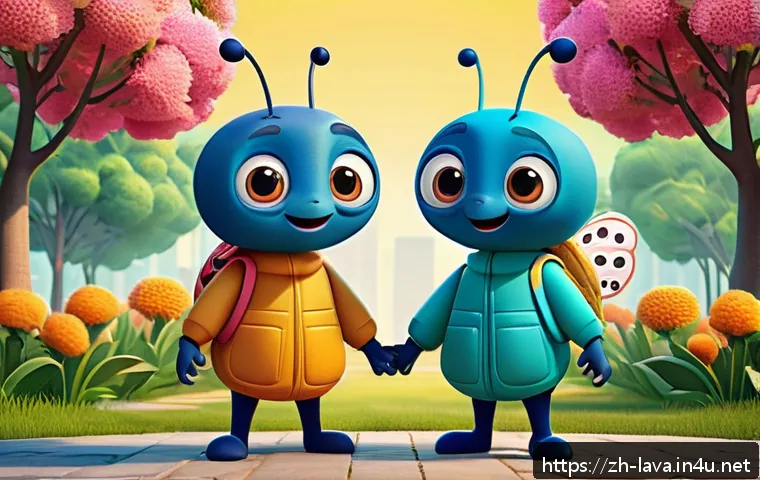 라바 관련 유튜브 인기 영상 - A vibrant and humorous scene featuring two adorable cartoon insect brothers in colorful, simplified ...