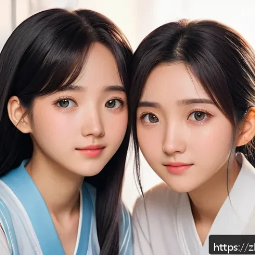 라바 캐릭터의 심리학적 매력 - A close-up portrait of two young female characters from a yuri anime, wearing delicate, modest under...