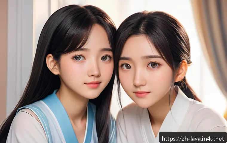 라바 캐릭터의 심리학적 매력 - A close-up portrait of two young female characters from a yuri anime, wearing delicate, modest under...