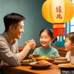 라바의 스토리텔링에서 가족적 요소 - A heartwarming family dinner scene in a modern Chinese household, featuring parents and two children...