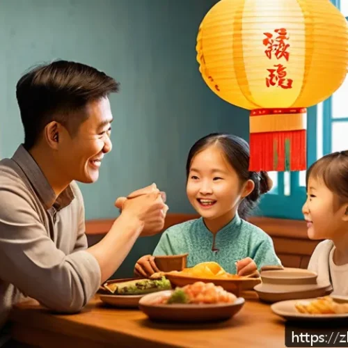라바의 스토리텔링에서 가족적 요소 - A heartwarming family dinner scene in a modern Chinese household, featuring parents and two children...