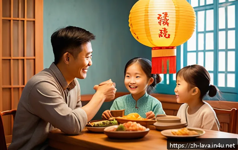 라바의 스토리텔링에서 가족적 요소 - A heartwarming family dinner scene in a modern Chinese household, featuring parents and two children...