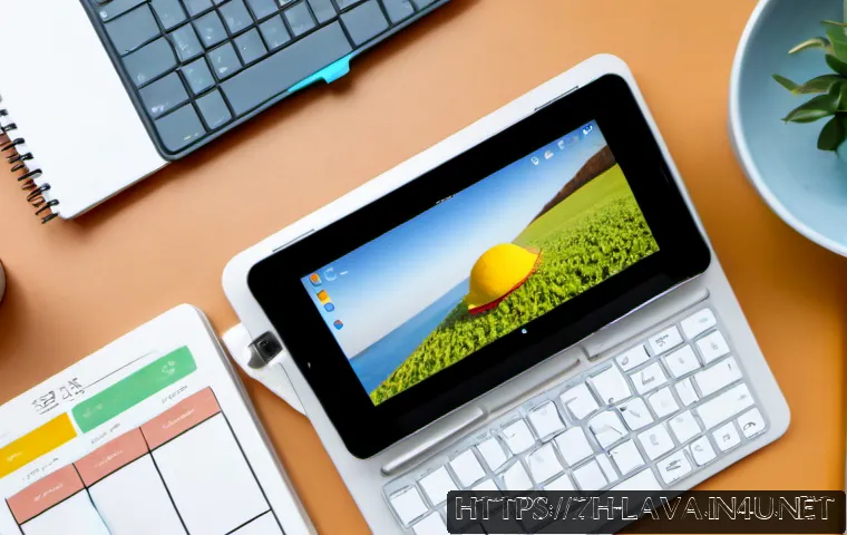 라바를 주제로 한 블로그 운영 전략 - Photorealistic overhead view of a clean content creator workspace, a tablet displaying colorful orig...