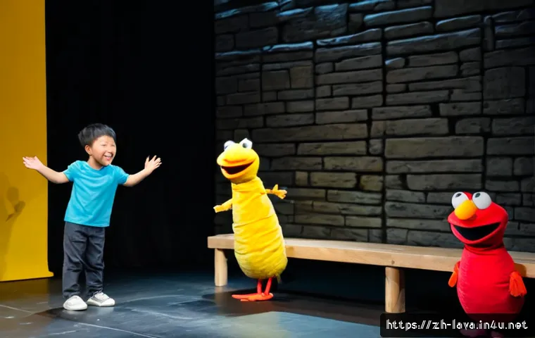 라바를 주제로 한 어린이 연극 - Photorealistic children’s theater stage featuring two original, playful larva-inspired puppet charac...