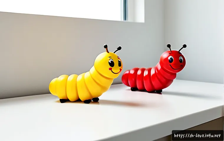 라바 캐릭터 컬러의 의미 - Photorealistic editorial still life of two original, unbranded cartoon caterpillar figurines, one br...