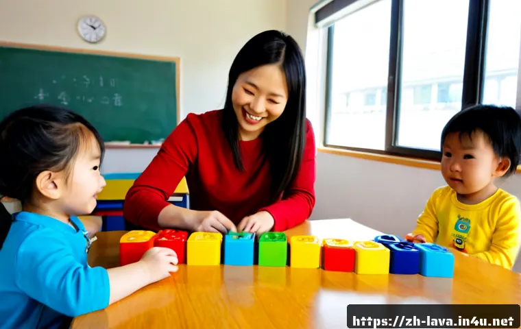 라바의 어린이 교육적 요소 - Photorealistic early childhood classroom scene, a cheerful teacher using two colorful caterpillar ha...