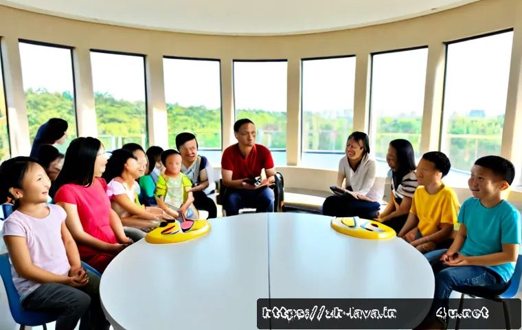 라바 관련 커뮤니티 및 팬클럽 정보 - Photorealistic community meetup in a bright modern library room, diverse families and young adult an...